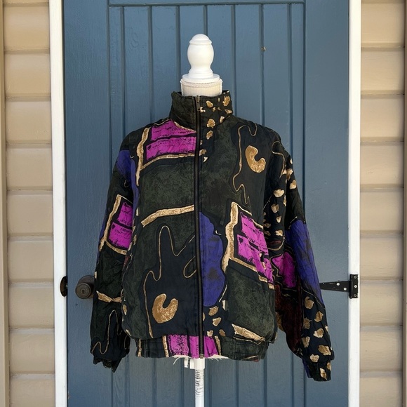 Vintage Reversible, Bomber Jacket 100% Silk 90's Abstract Print Men Size Medium - Picture 1 of 8